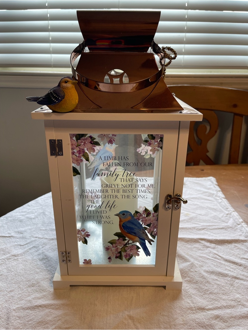 White & Copper Bird Memorial Lantern Decorative Cabinet with Floral Glass